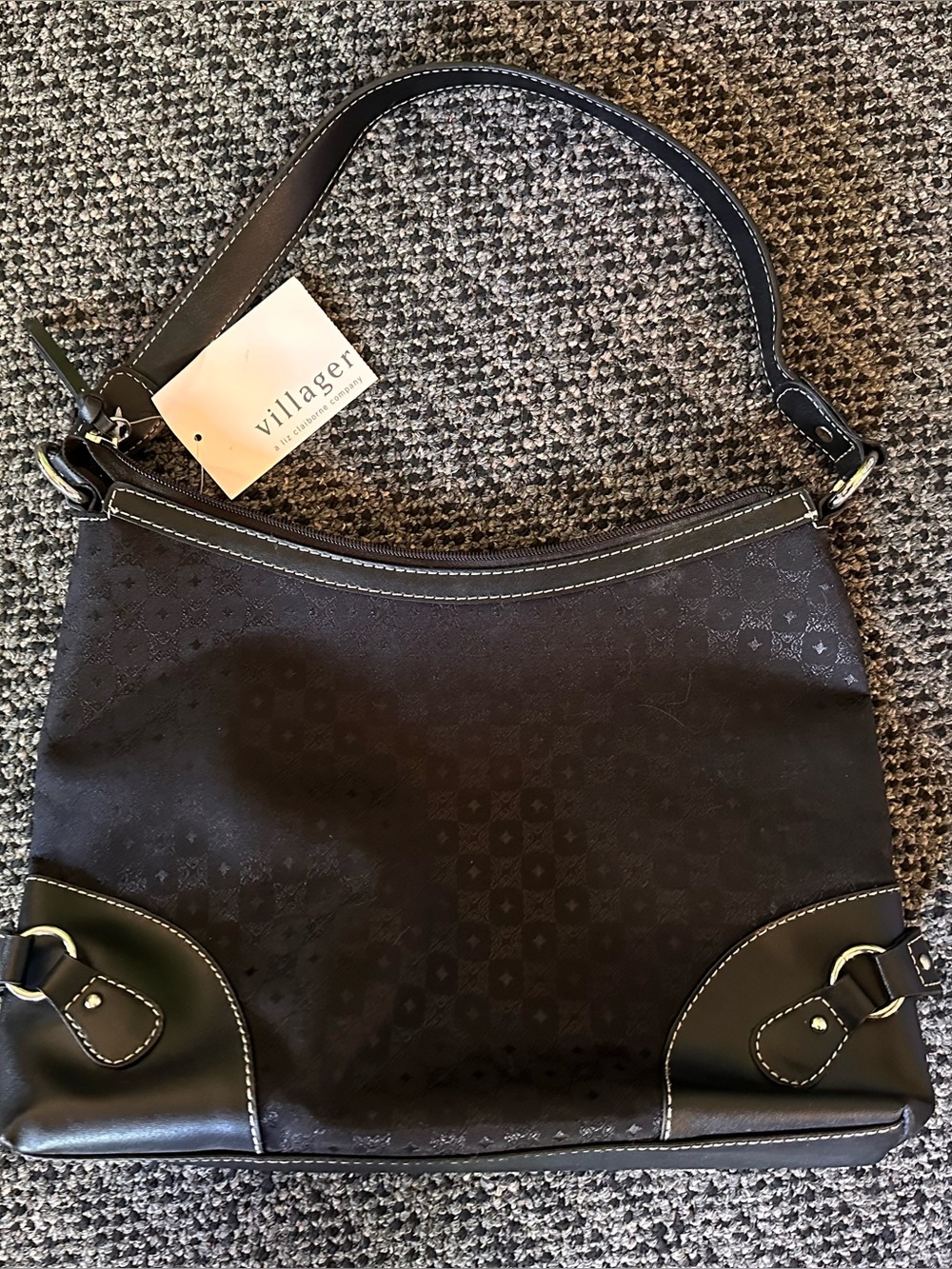 villager Black Patterned Shoulder Bag with Contrast Trim